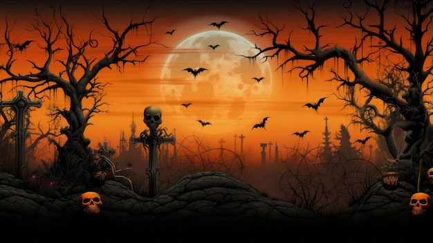 a halloween scene with bats skulls and trees