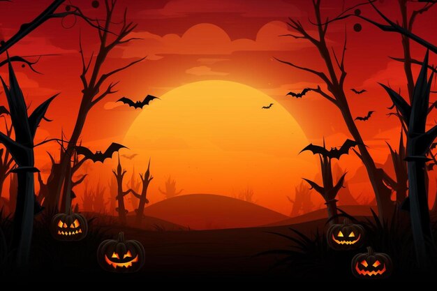 a halloween scene with bats and the sun in the background