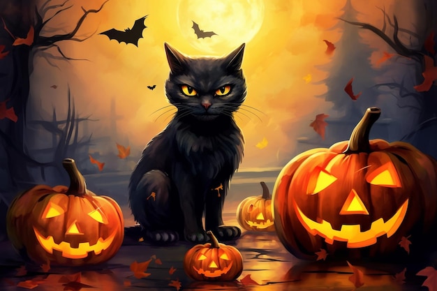 黒猫とカボチャのハロウィーンのシーン。