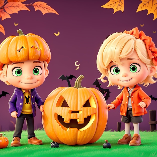 A halloween scene with a boy and a girl holding a pumpkin