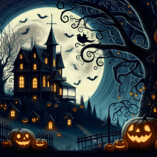 a halloween scene with a castle and a castle in the background