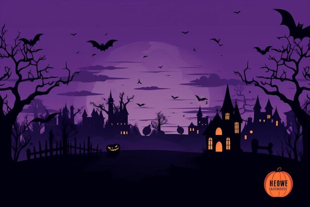 Photo a halloween scene with a castle and a haunted house