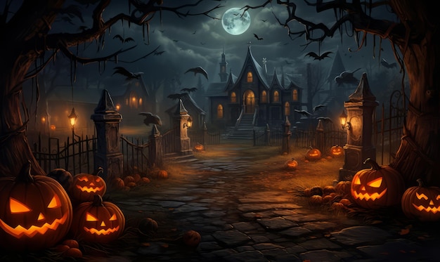 halloween scene with a cemetery pumpkins and graves