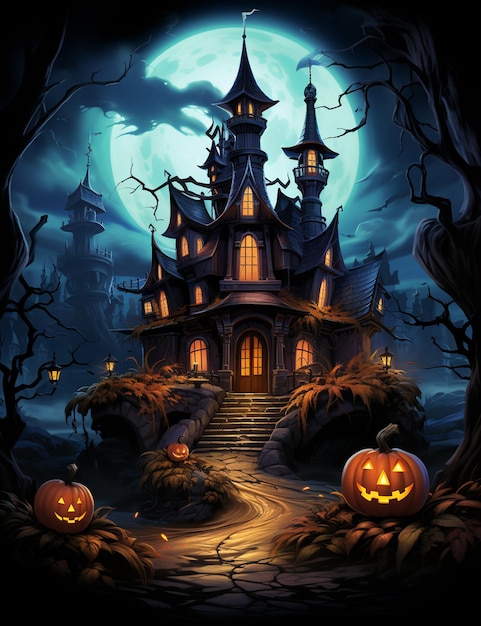 halloween scene with a creepy house and pumpkins in the foreground generative ai