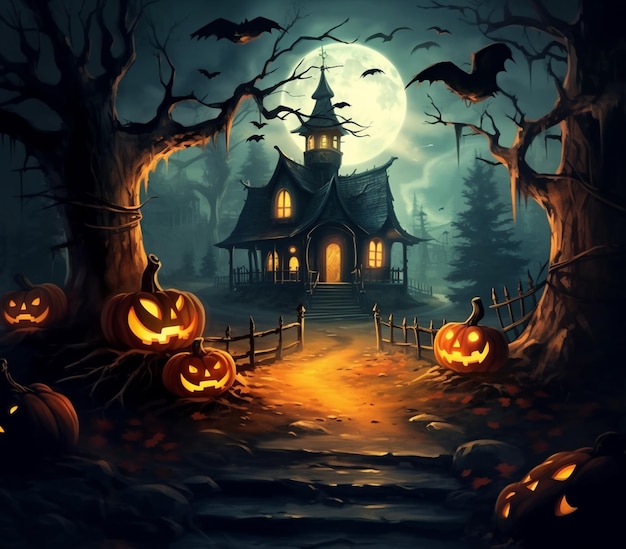 Halloween scene with a creepy house and pumpkins in the foreground generative ai