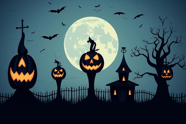 Photo a halloween scene with a full moon and a pumpkin with a silhouette of a witch on it