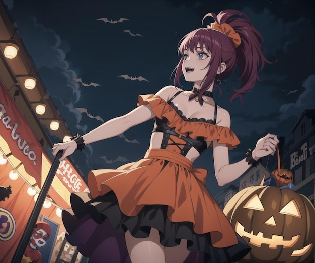 A halloween scene with a girl in a dress and a broom.