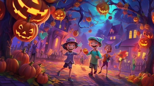 A halloween scene with a group of children in hats and witch hats.