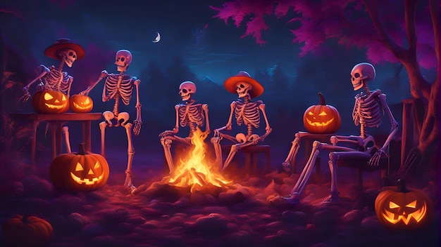 Halloween scene with a group of skeletons sitting on the chairs in front of the fire