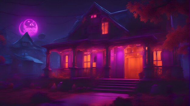 Halloween scene with haunted house in foggy night Halloween background