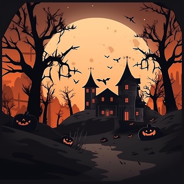 Сцена хэллоуина с домом и тыквами на земле