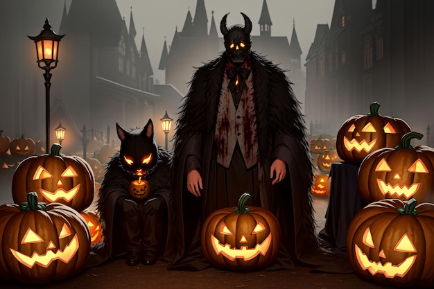 A halloween scene with a man in a witch costume and a mask