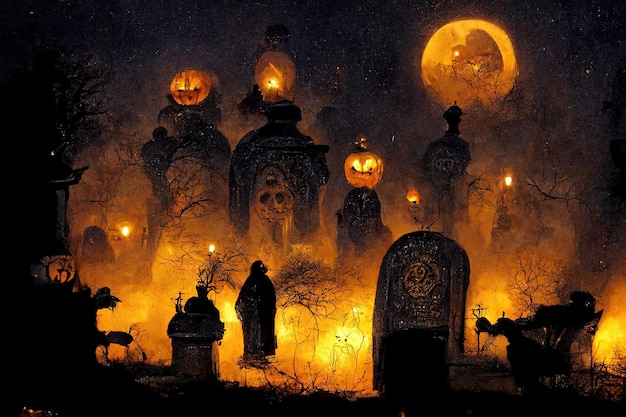 Halloween scene with mystical atmosphere dark scary mood with pumpkins dark clouds and sky big m