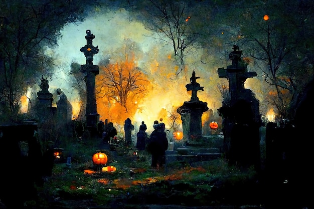 Halloween scene with mystical atmosphere dark scary mood with\
pumpkins dark clouds and sky big m