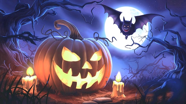 a halloween scene with a pumpkin and a full moon in the background