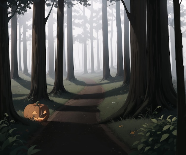 A halloween scene with a pumpkin in the middle of a forest.