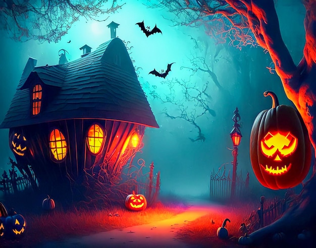 сцена Хэллоуина с тыквами и летучими мышами на заднем плане
