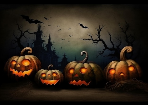 A halloween scene with pumpkins and bats in the background.