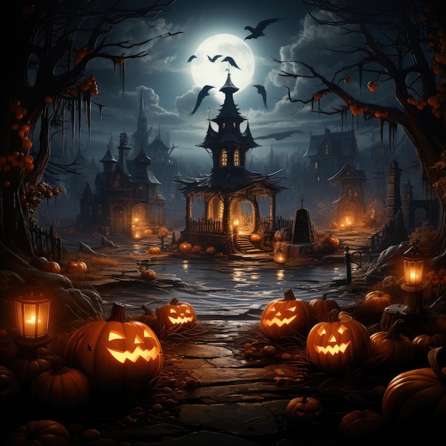 a halloween scene with pumpkins and bats on the wall.