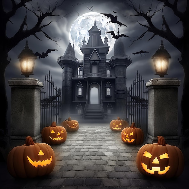 A halloween scene with pumpkins and a castle in the background.