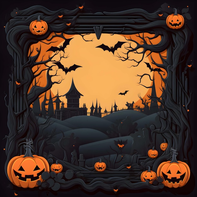 a halloween scene with pumpkins and a castle in the background