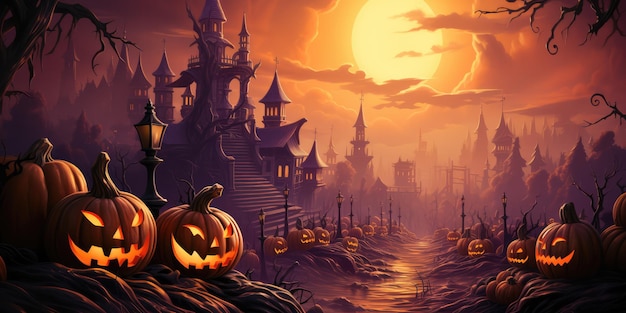 A Halloween Scene With Pumpkins And A Castle Pumpkins Castle Halloween Scenery Decorations Costumes