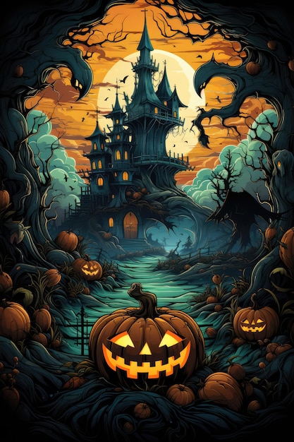 A Halloween Scene With Pumpkins And A Castle Pumpkins Castles Halloween Creepy Scenes Costumes Decor Halloween Template