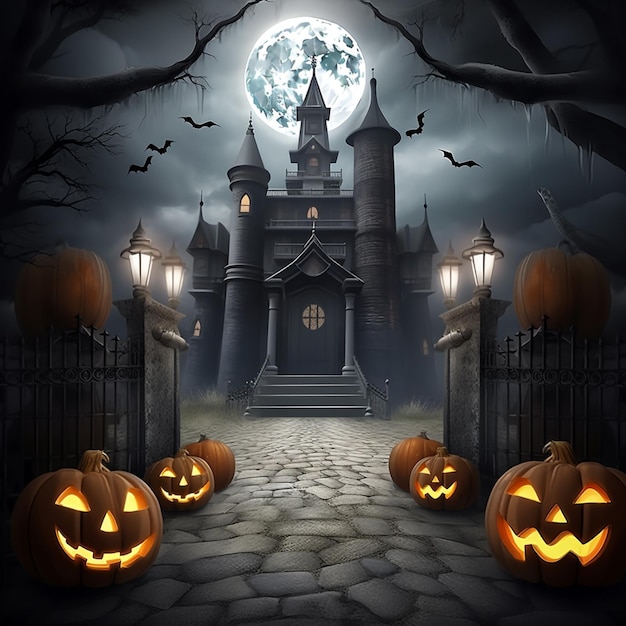 A halloween scene with pumpkins and a castle with the moon in the background.