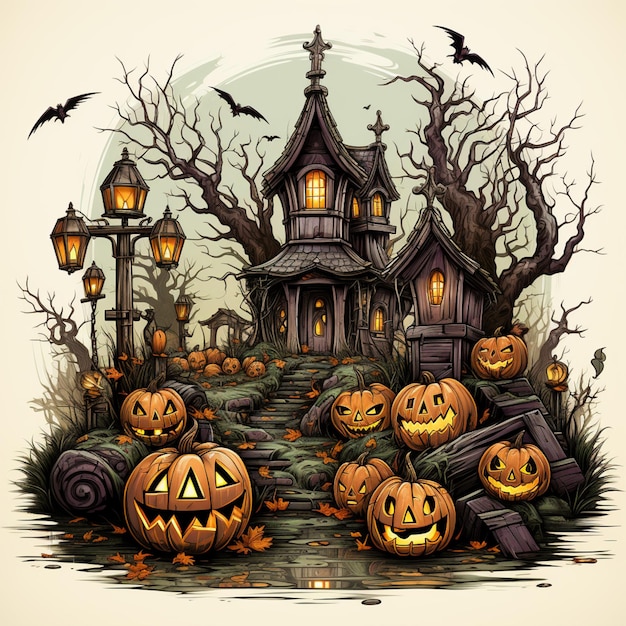 halloween scene with pumpkins and a creepy house generative ai