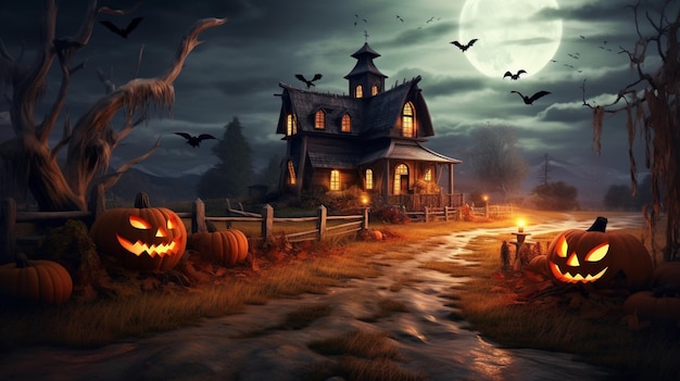 Halloween scene with pumpkins and a creepy house at night generative ai