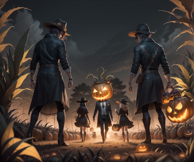 A halloween scene with pumpkins and a family in black coats