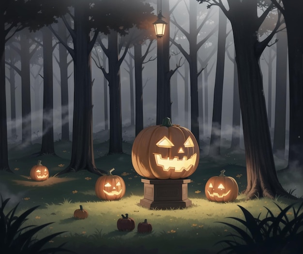 A halloween scene with pumpkins in a forest