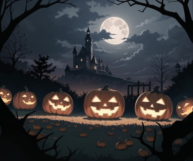 A halloween scene with pumpkins in front of a castle and the moon.