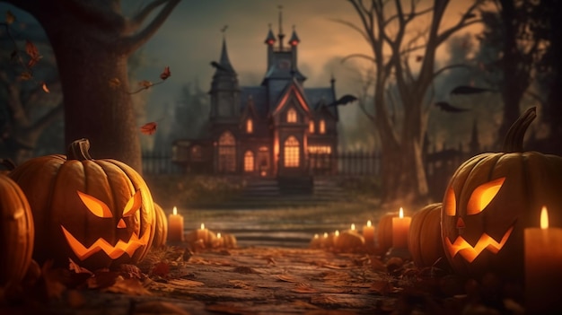 A halloween scene with pumpkins in front of a haunted house