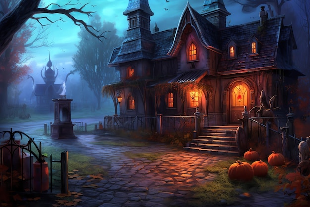 A halloween scene with pumpkins on the ground and a house in the background.