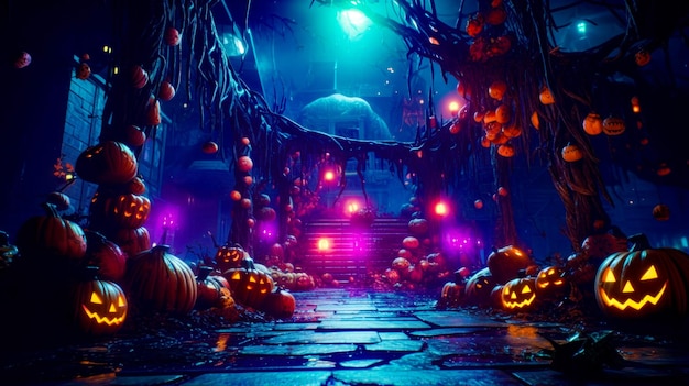 Photo halloween scene with pumpkins on the ground and lights in the air generative ai