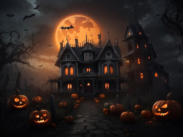 A Halloween scene with pumpkins and a haunted house