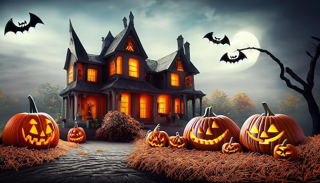 A halloween scene with pumpkins and a house in the background 5