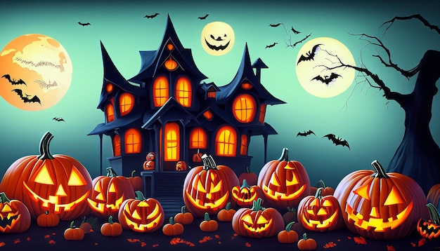 A halloween scene with pumpkins and a house in the background