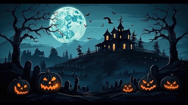 A halloween scene with pumpkins and a house in the background.