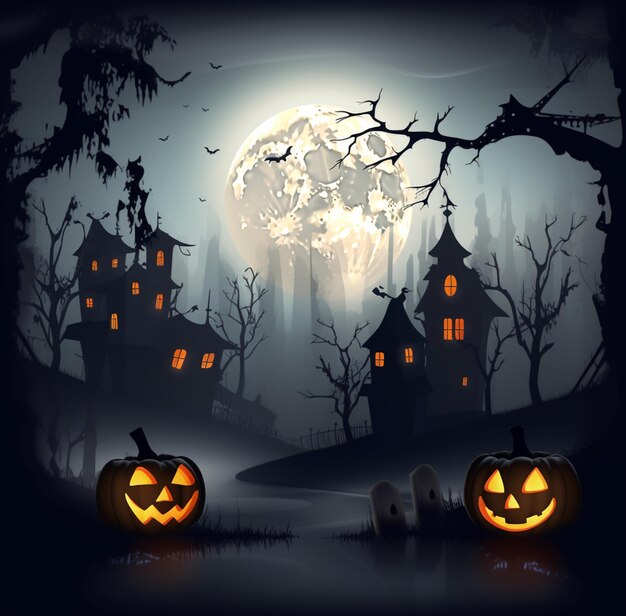 A halloween scene with pumpkins and a house in the background.