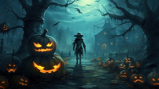 A halloween scene with pumpkins and a scarecrow in the dark