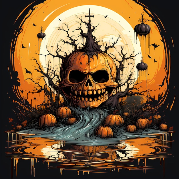 Halloween scene with pumpkins and skull in the water Generative AI