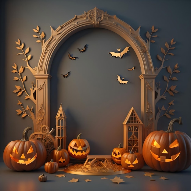 A halloween scene with pumpkins and a spooky arch.