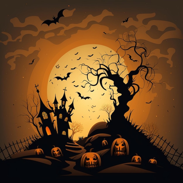 Halloween scene with pumpkins and a spooky tree in front of a full moon generative ai