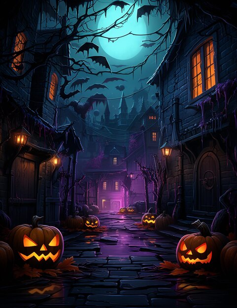 Photo halloween scene with pumpkins and spooky trees in a spooky alley generative ai