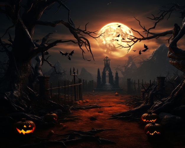 a halloween scene with pumpkins and trees