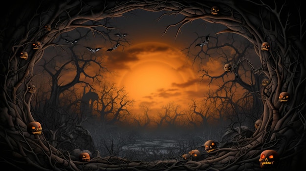 a halloween scene with pumpkins and trees
