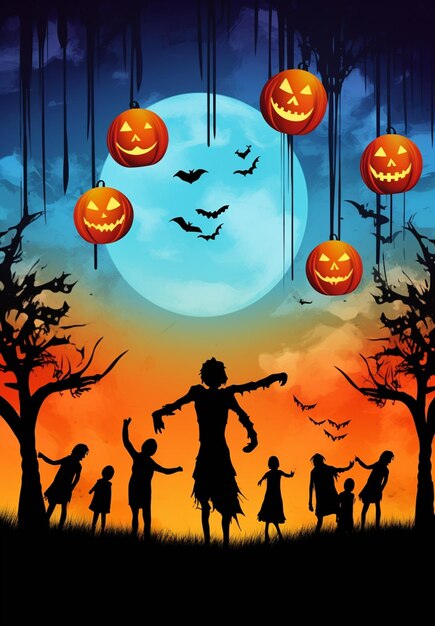 Halloween scene with silhouettes of children and adults holding pumpkins generative ai