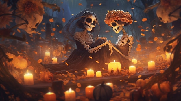 A halloween scene with two skeletons in black dresses and a pumpkin with the word skeleton on it.